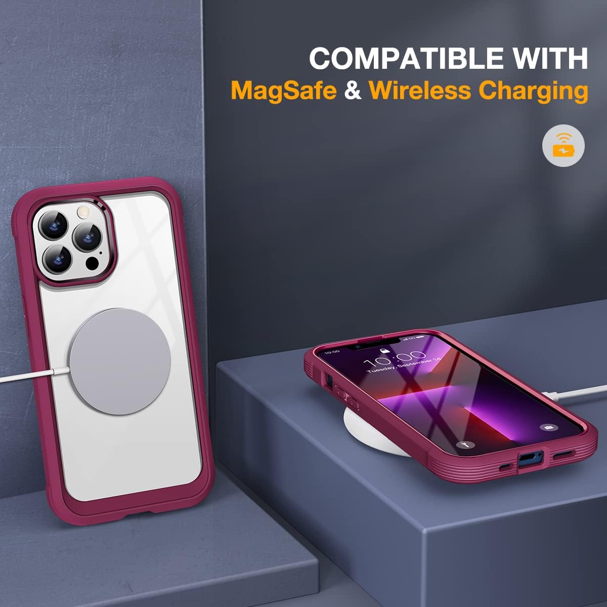 Miracase Glass Case for iPhone 13 Pro Max 6.7 inch, Upgrade Full-Body Clear Bumper Case with Built-in 9H Tempered Glass Screen Protector for iPhone 13 Pro Max, Claret Red