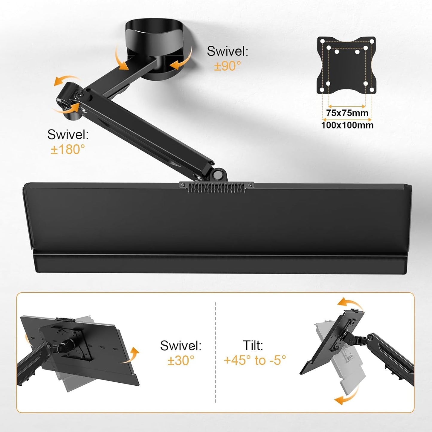 Wall Mount Keyboard Tray- Keyboard and Mouse Stand & Monitor Mount Arm,Height Adjustable Typing Platform Holds up to 26.4 lbs,Black