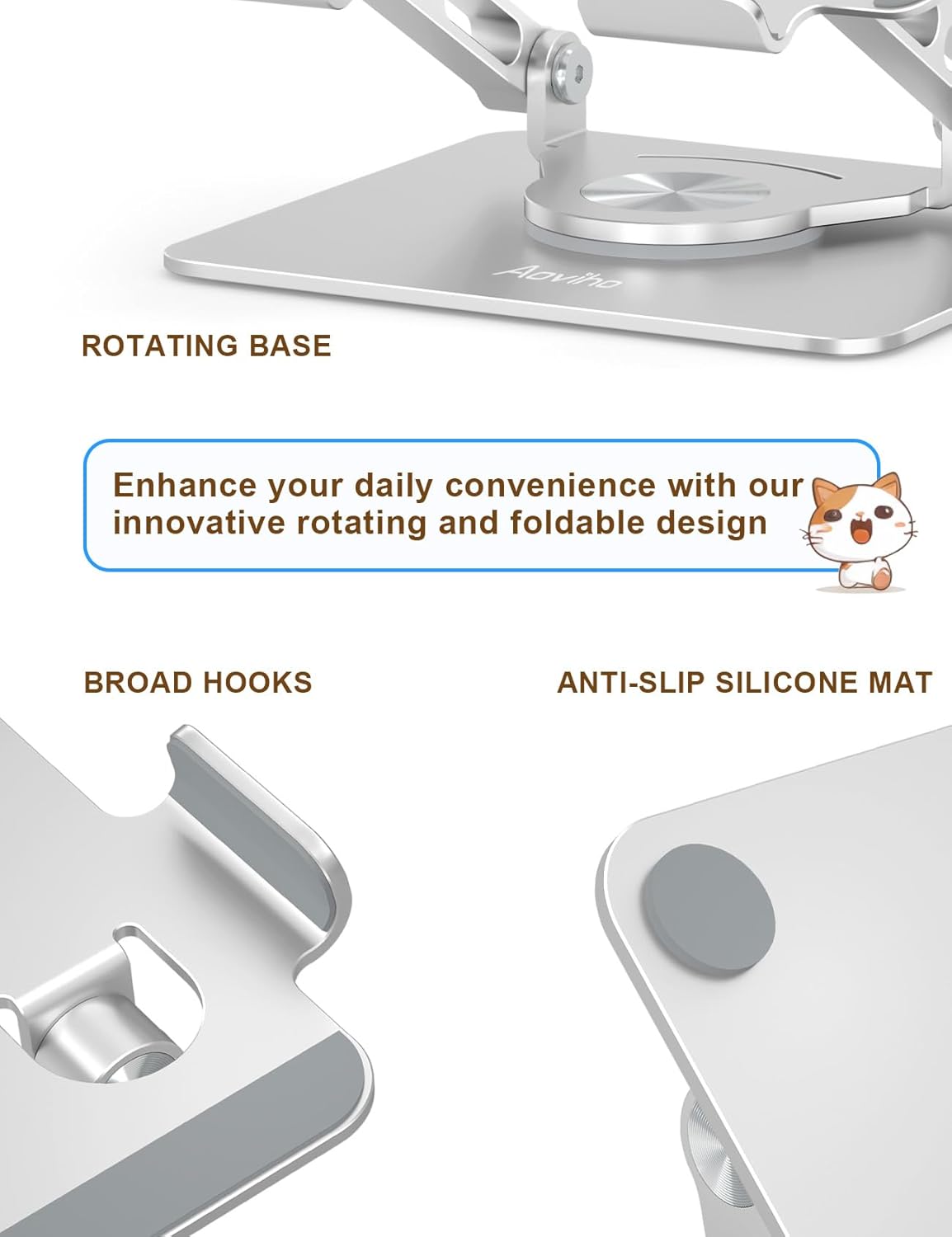 Tablet Stand 360° Rotating Aluminum Holder, Adjustable, Portable and Foldable Monitors Stand for iPads, Compatible with 4-12.9" Tablets, Silver