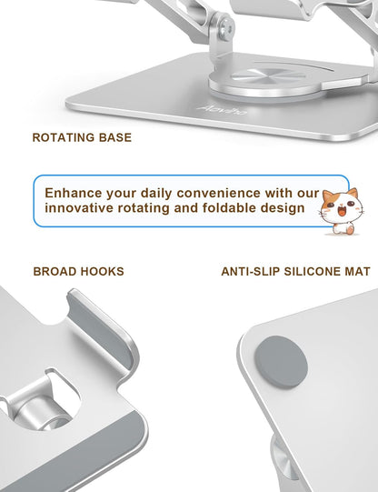 Tablet Stand 360° Rotating Aluminum Holder, Adjustable, Portable and Foldable Monitors Stand for iPads, Compatible with 4-12.9" Tablets, Silver