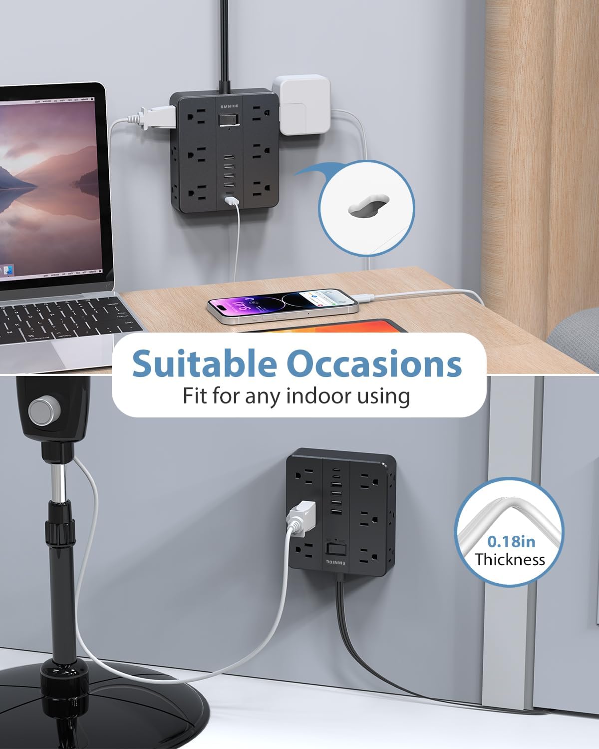 Power Strip Flat Plug with 12 Outlets 6 USB(2 USB C),SMNICE Surge Protector Charging Station with Overload Protection,5ft Extension Cord Widely Spaced Multiple Outlets for Home Office Dorm,Black