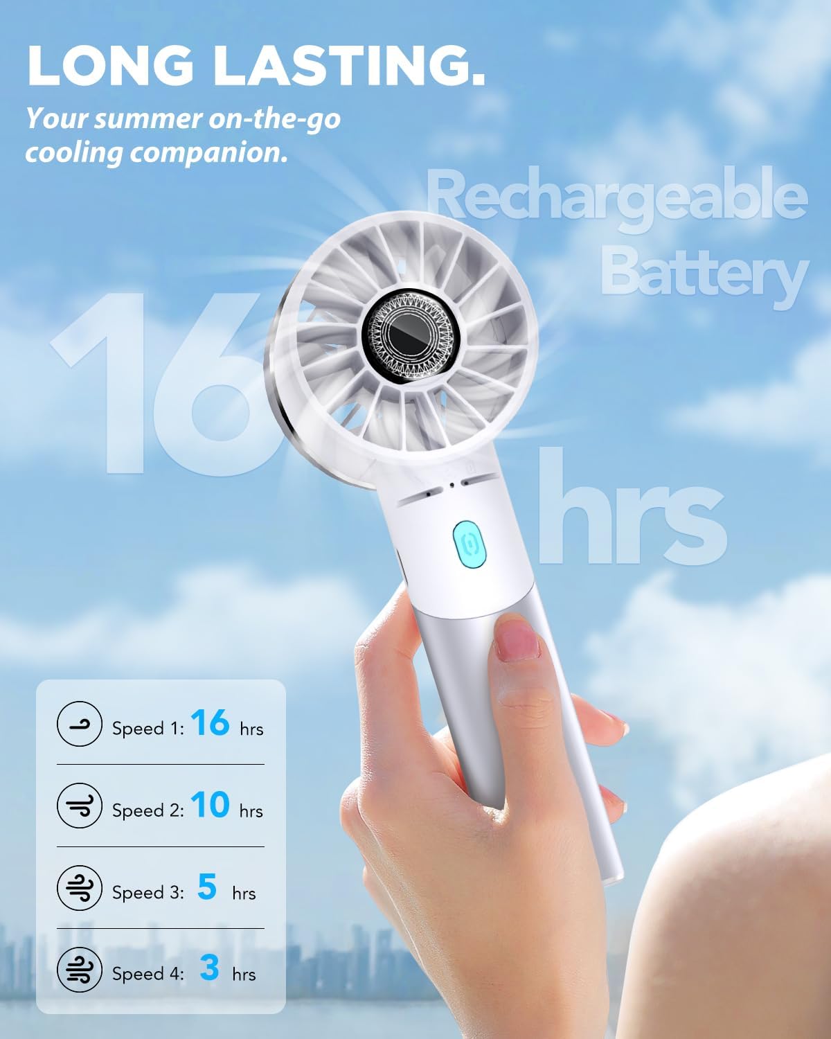 Handheld Fan, Mini Small Portable Turbo Fan, Rechargeable with 4 High Speeds Personal Fans, Max 16H Runtime, For Travel, Office, Outdoor - Silver