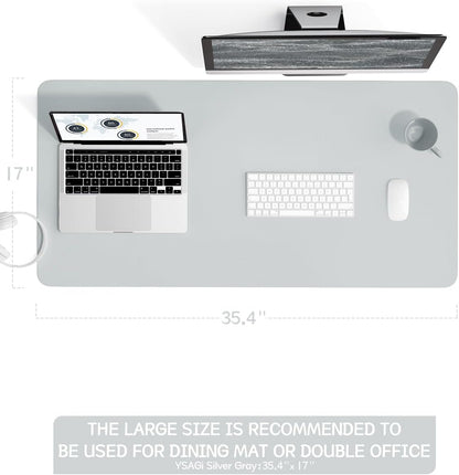 YSAGi Non-Slip Leather Desk Pad L Size, Waterproof Laptop Computer Desk Keyboard Mat, Table Protector Blotter Mat, Large Mouse Pad for Office/Work/Home/Decor(Silver-Grey, 35.4" x 17")