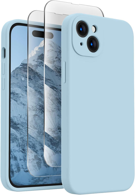 FireNova Designed for iPhone 15 Case, Silicone Upgraded [Camera Protection] Phone Case with [2 Screen Protectors], Soft Anti-Scratch Microfiber Lining Inside, 6.1 inch, Sky Blue