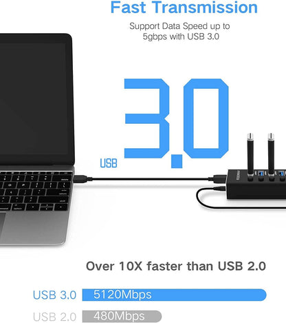 USB Hub 3.0 Powered Rosonway Aluminum 7 Ports USB 3.0 Data Hub Splitter with 24W (12V/2A) Power Adapter and Individual On/Off Switches USB Port Expander for PC and Laptop (RSH-A37S)