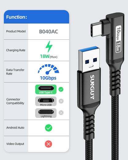 SUNGUY USB C Cable Right Angle 0.8FT, 10Gbps USB 3.1 Gen 2 to USB C Data Cable Compatible with iPhone 16/15 Series, Android Auto, Samsung Galaxy S24/S23, SSD, Huawei P30/P20, i-Pad Pro-Black