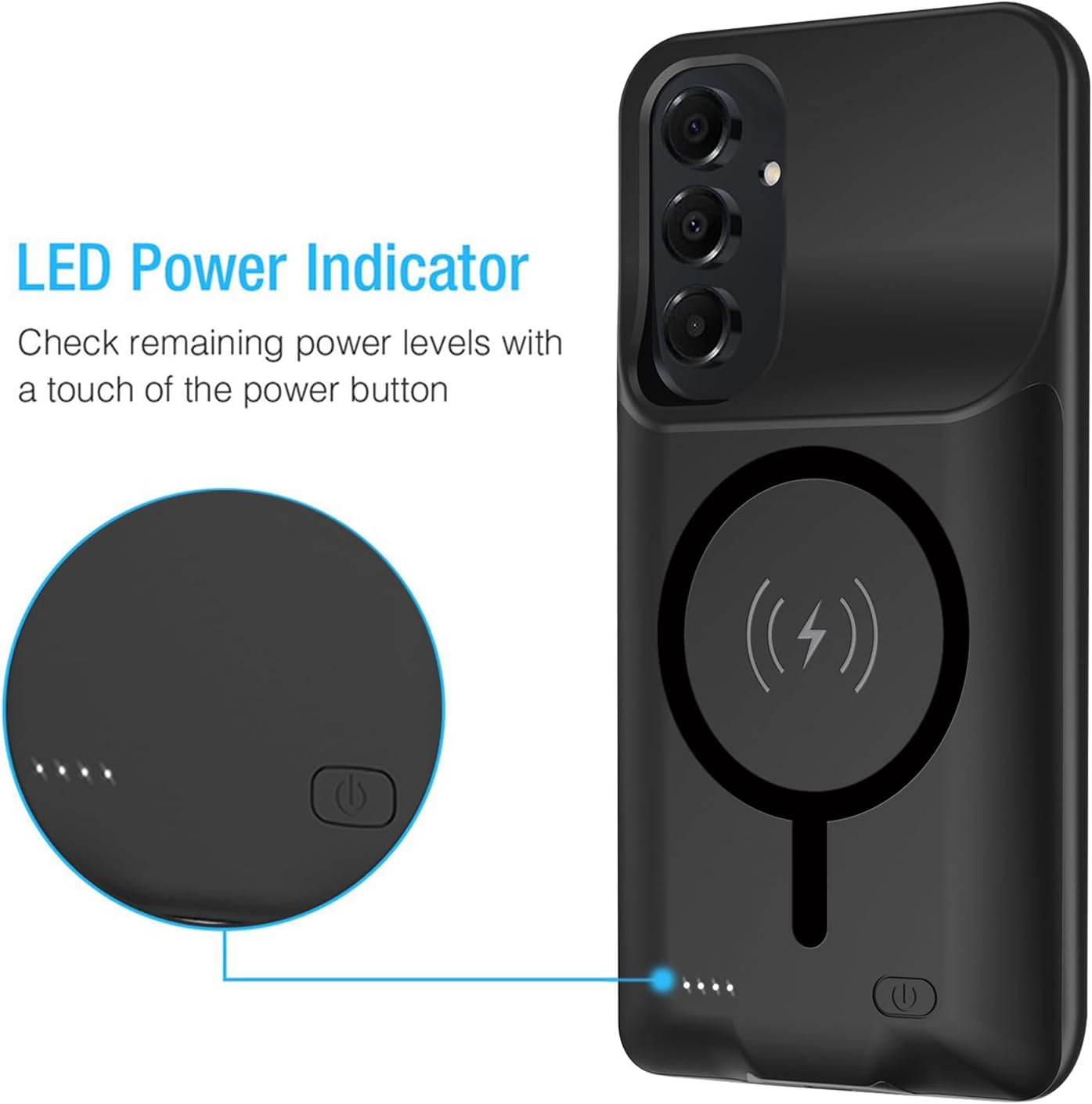 Battery Case for Galaxy A15, Enhanced 10000mAh Portable Protective Wireless Charging Case Support Carplay Compatible with Galaxy A15 (6.5 inch) Rechargeable Extended Battery Charger Cover - Black