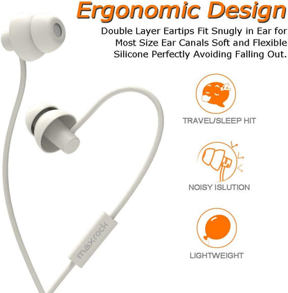 MAXROCK Sleeping Headphones, in-Ear Soundproof Earplug Soft Earbuds with Mic Noise Cancelling Sleep Earphones Earpods for Side Sleeper, Insomnia, Snoring, Air Travel, Bedtime Listening… (White)