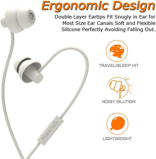 MAXROCK Sleeping Headphones, in-Ear Soundproof Earplug Soft Earbuds with Mic Noise Cancelling Sleep Earphones Earpods for Side Sleeper, Insomnia, Snoring, Air Travel, Bedtime Listening… (White)