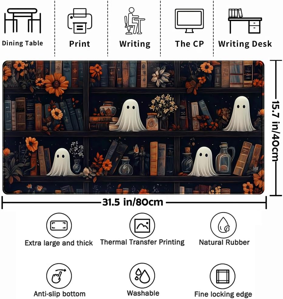 Cute Ghost Desk Mat Dark Vintage Large Mouse Pad Gaming Black Mouse Pad XXL Large Gaming Mousepad Desk Mat for Desktop Office Computer Laptop Keyboard and Mouse Mat - 31.5 X 15.7 in Desktop Protector