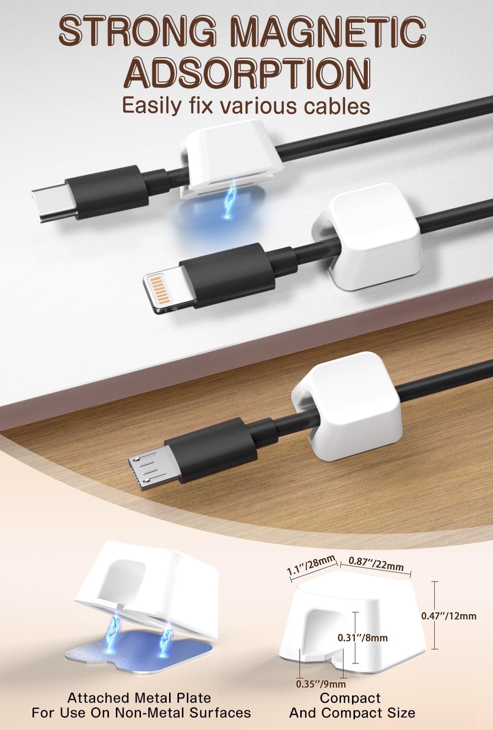 Maveek Magnetic Cable Clips, 5 Pack Square Cord Organizer with Magnets and Metal Plates, Silicone Cable Holders for USB C, HDMI, Ethernet, Charging Cords – Desk, Wall, Office & Car Use (White)