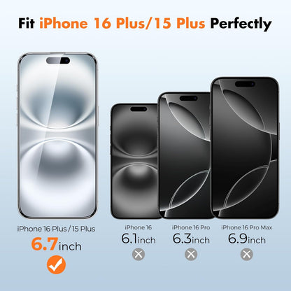 UNBREAKcable Screen Protector for iPhone 16 Plus/15 Plus [3-Pack] Full Coverage Double Shatterproof Tempered Glass [Installation Frame] [9H Hardness] [99.99% HD Clear] [Bubble Free] for iPhone 6.7"