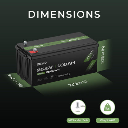 OKMO 24V 100Ah LiFePO4 Lithium Battery for Marine, Trolling Motor, RV, with Low Temperature Protection, 10 Years 15000+ Deep Cycles, 25.6V Iron Phosphate for Home Solar Energy Storage Off-Grid