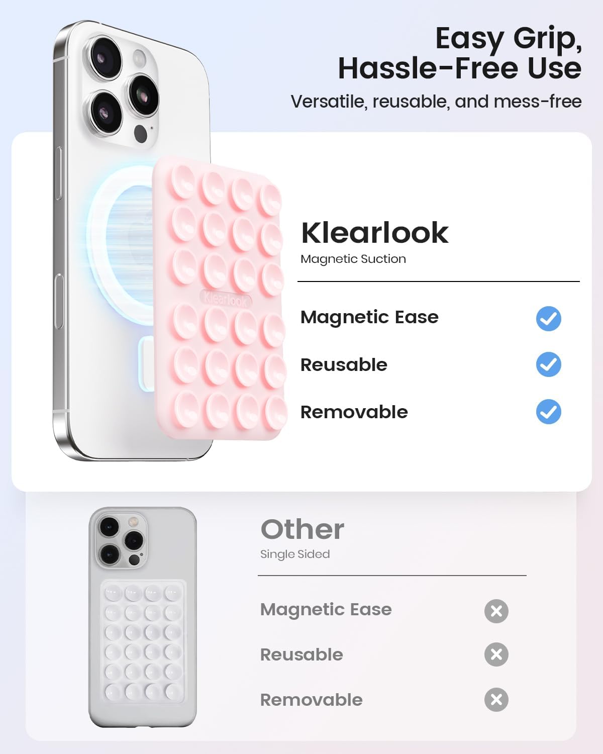 Klearlook Magnetic Suction Phone Mount for MagSafe Case, Silicone Sticky Phone Grip Holder for iPhone 16/15/14/13/12 Series, Removable Hands-Free Video/Selfie, Women Girl Teen Gift, Light Pink