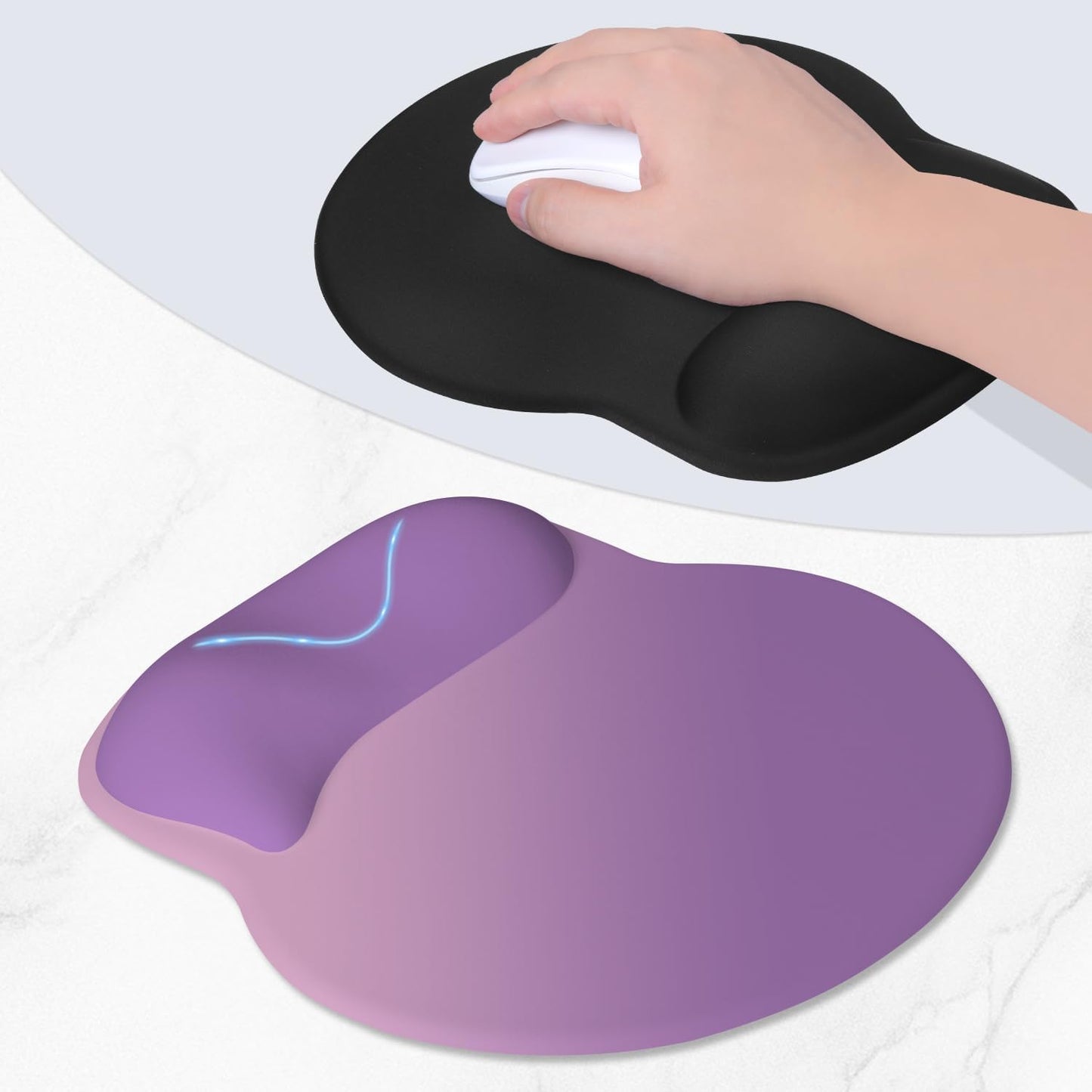 ITNRSIIET Ergonomic Mouse Pad with Wider Memory Foam Wrist Rest +17% - Curved Cushion Reduces Pressure 20%, Pain Relief, Non-Slip, Smooth, Cute Colors, 9.85 x 9 in, Purple Pink Gradient