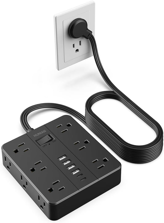 Power Strip Surge Protector, Flat Extension Cord Indoor 20 Feet, HUNIAN 12 Widely Spaced Outlets with 6 USB Charger (2 USB C Ports), Desk Charging Station for Home Office Supplies, Dorm Room, Black