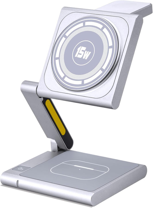 Fast Wireless Charging Station, Foldable for Travel w/Light, Modern All Aluminum Alloy Body, 4 in 1 Charger Compatible with MagSafe for Apple iPhone 16/15/14/13/12, AirPods and Apple Watch [Silver]