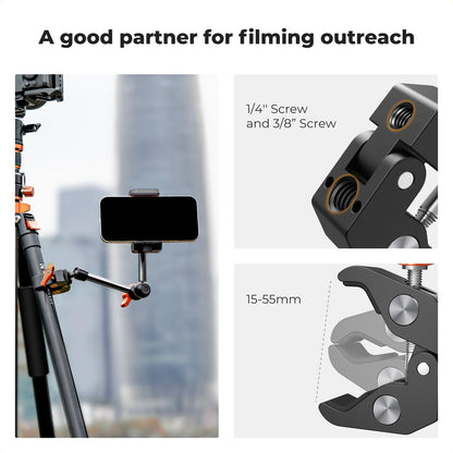 K&F CONCEPT 9.8" Magic Arm Clamp Kit with 1/4" & 3/8" Thread Screw 360° Ball Heads Articulating Magic Arm with Tripod Mount Adapter for Gopro/LED Lights/Monitor/Flash/Microphone/DSLR Camera
