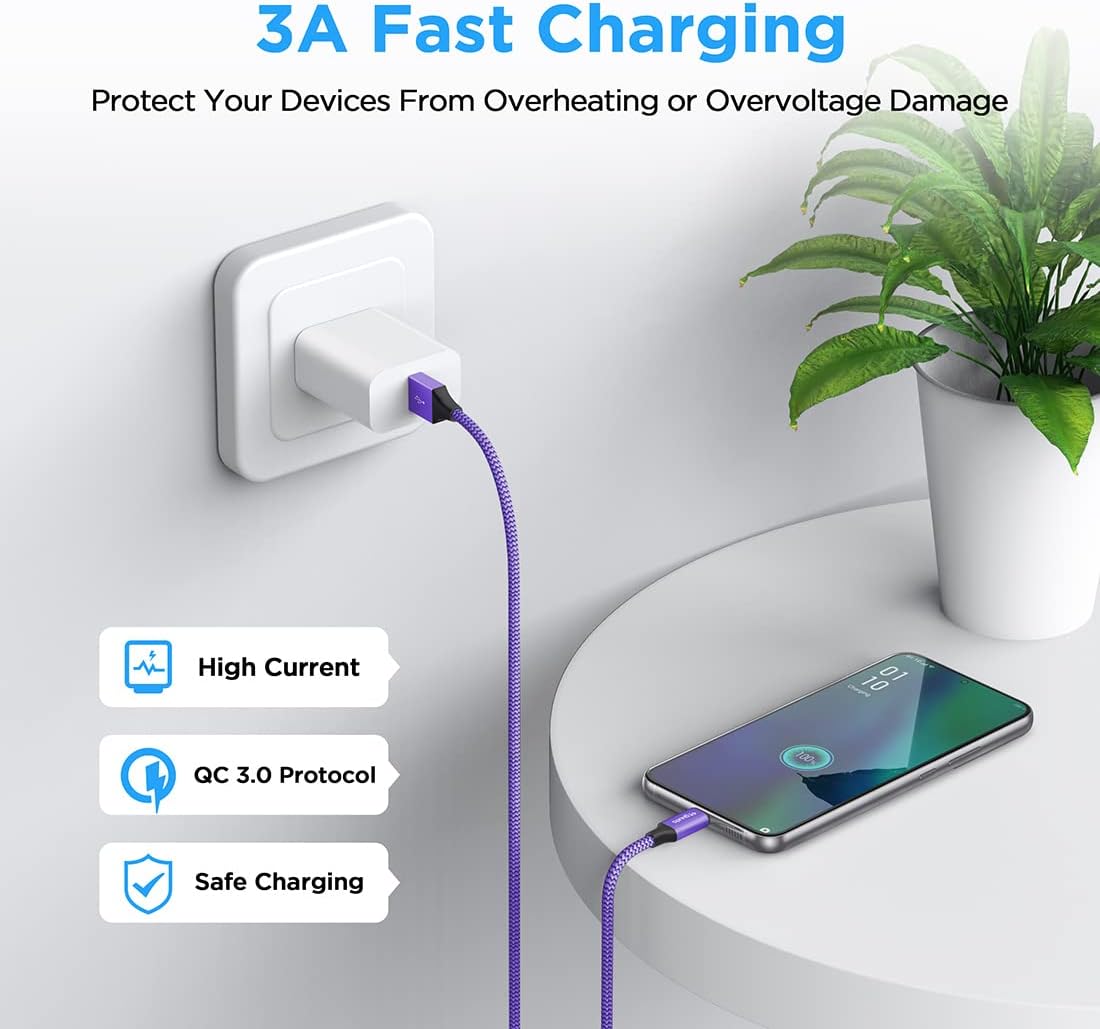 etguuds 6.6ft USB A to USB C Cable 3A Fast Charging, 2-Pack USB A to USB Type C Charger Cord for iPhone 16 15 Pro/Pro Max/Plus, for Samsung Galaxy S24 S23 S22 S21 S20 S10 A55 Flip Note, Moto, Purple