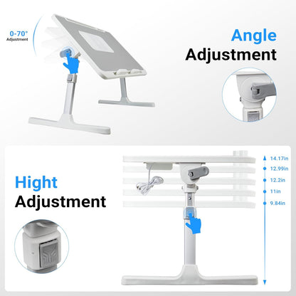 Laptop Lap Desk with Cooling Fan - Adjustable with Light, USB, Storage Drawer - Folding Bed Desk,22.04"*12.59",Grey