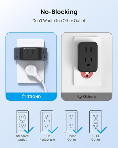 TROND 2 Pack Multi Plug Wall Outlet, 3 Way Angled Wall Outlet Extender, 3 Prong Plug Splitter, Cruise Essentials, Multiple Expander for Travel Home Hotel Dorm Room, Black