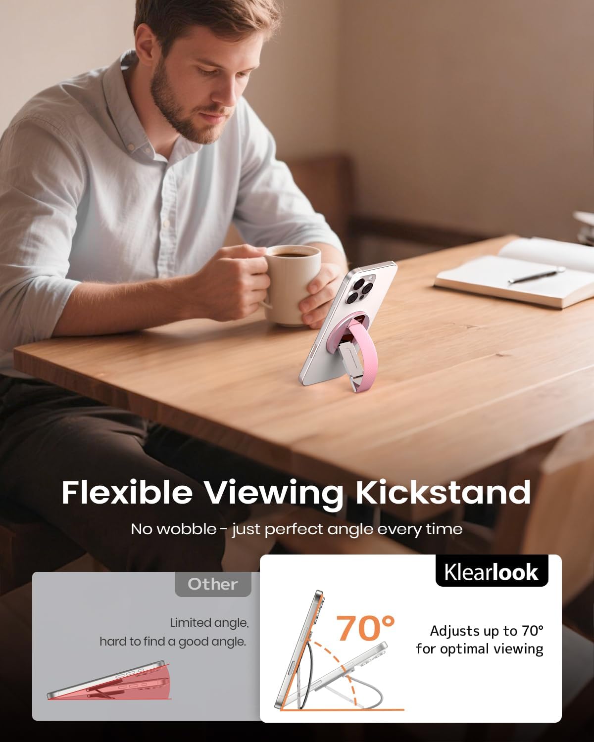 2025 Klearlook for MagSafe Phone Grip with Silicone Finger Strap, Removable Magnetic Phone Ring Holder with Adjustable Kickstand, Finger Phone Ring Grip for iPhone 16/15/14/13/12 Series, Pink