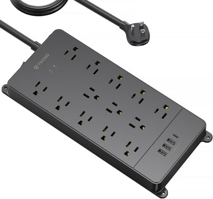 TROND Surge Protector Power Strip 15 ft Cord - Long Extension Cord, 13 Widely-Spaced Outlets Expansion with USB C Ports, 4000 Joules, Flat Plug, Wall Mount, ETL Listed, Office Desk Accessory, Black