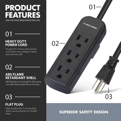 Power Strip with Flat Plug - 3 Ground Outlets 7 Inch Heavy Duty Braided Extension Cord Flat Plug Mountable Outlet Strip for Computer/Home/Office