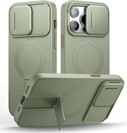 SURITCH for iPhone 14 Pro Max Case with Magnetic Camera Slide Cover and Adjustable Kickstand, Compatible with MagSafe, Shockproof Bumper Case Slim Protective Cover 6.7 Inch, Green