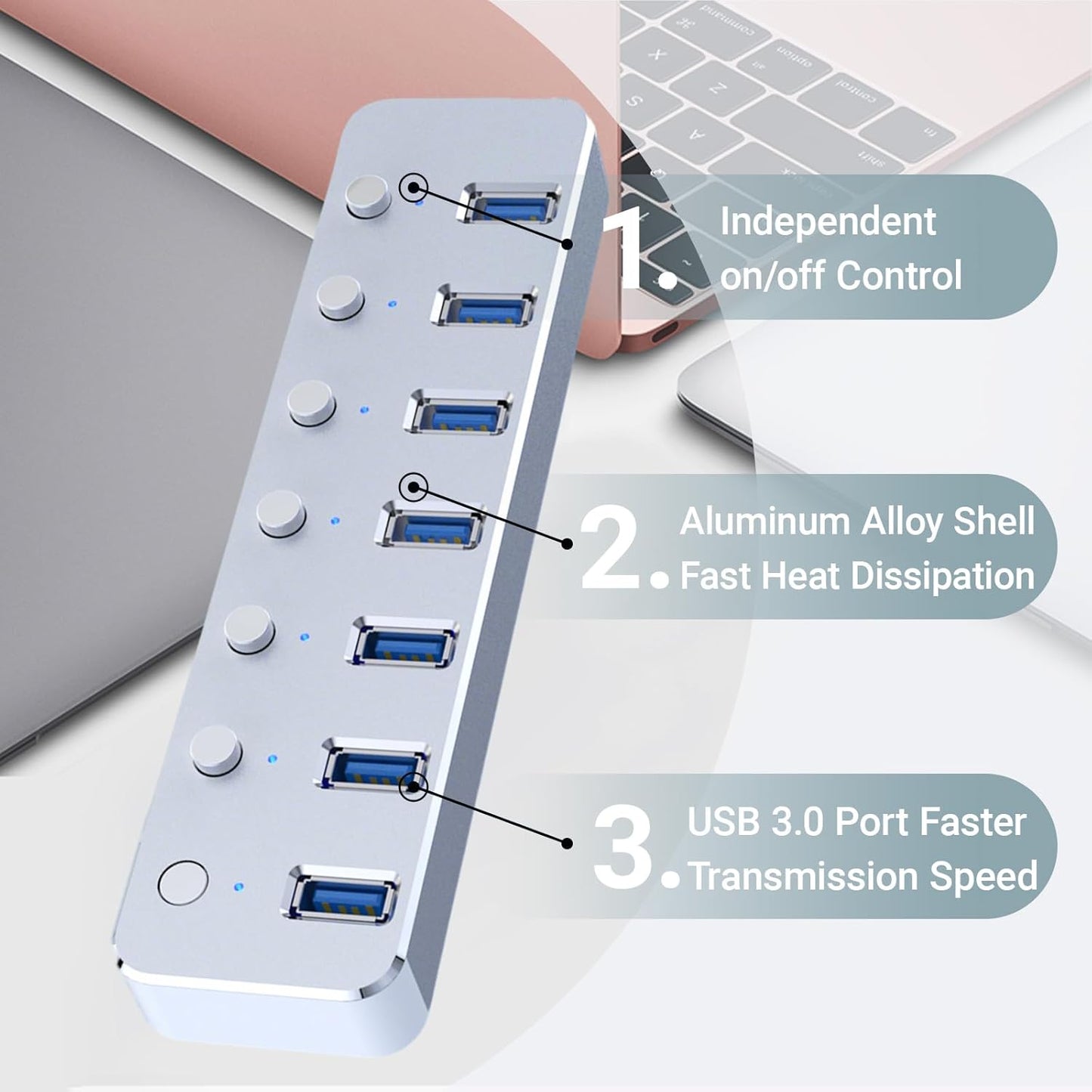 USB 3.0 Hub 7 Port USB Hub with 2ft Long Cable Aluminum USB Hub for Laptop and PC with Individual On/Off Switch and LED Indicator