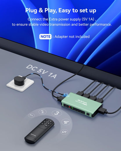 HDMI Switch 5 in 1 Out 4K@60Hz, GANA HDMI Splitter Switcher with Remote, Aluminum HDMI 2.0 Switch Box Hub for 3D, HDCP2.2, HDR, Compatible with Xbox, PS5/4/3,Fire Stick,Roku,Blu-Ray Player, Mint Green