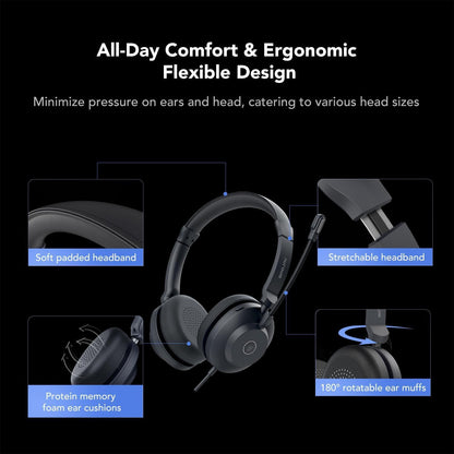 NUROUM HP21 USB Headset with Microphone for PC, AI Noise Cancelling Mic for Work, Wired Headset for Call Center/Office, Mute Button, USB-A/Type-C for Computer/Laptop/Desktop, Compatible w/Zoom/Teams