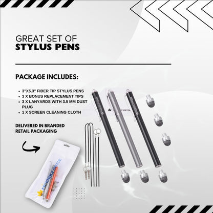 The Friendly Swede Mesh Tip Stylus Pen for Touchscreen — 3-Pack Micro-Knit Capacitive Stylus Pen for iPad & iPhone with 3 Replaceable Fiber Tips, Elastic Lanyards & Screen Cleaning Cloth