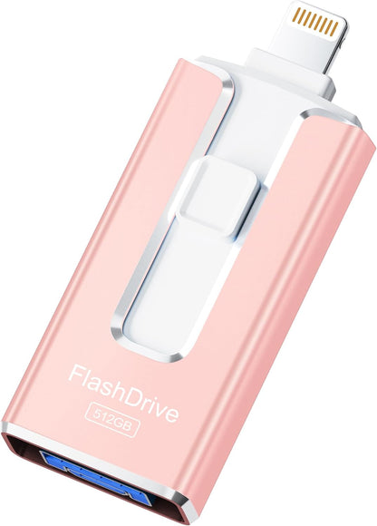 MFi Certified 512GB Flash Drive for iPhone iPad, Photo Stick for External Memory Storage, Easily Back Up and Save Files, USB Memory Stick Thumb Drive for iPhone/iPad/Android/PC (Light Pink, 512GB)