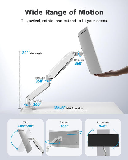 HUANUO Single Monitor Arm for 40 inch Screens, Ultrawide Computer Monitor Mount Holds 26.48 lbs, Upgraded Adjustable Stand with USB, C-Clamp & Grommet Base, VESA 75x75 or 100x100mm