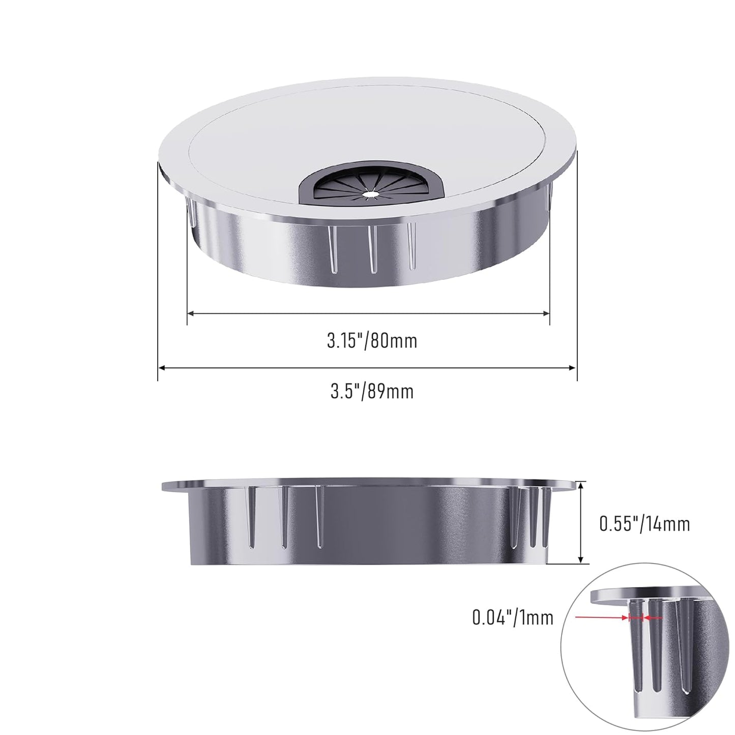 2 Pack Desk Grommet 3-1/8 Inch 80mm, Zinc Alloy Computer Desk Wire Hole Cover, Office Desktop Cord Cable Hole Metal Ring, Silver Tone