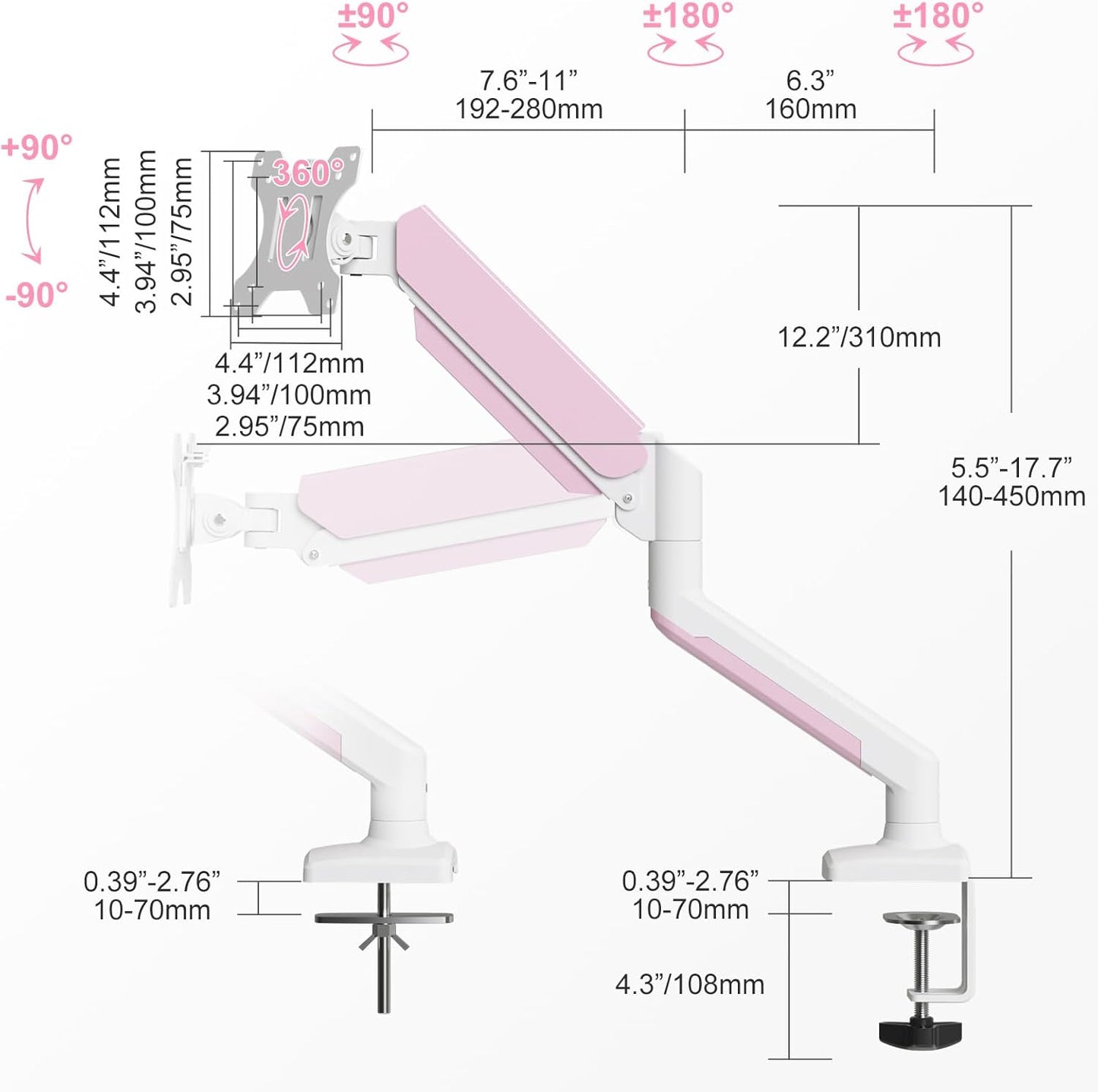 PHOLITEN Single Monitor Arm Fits 13-32 inch,4.4-19.8lbs Screen, Fully Adjustable Gas Spring Arm, Computer Monitor Stand with VESA 75 * 75mm/100 * 100mm Mount,White & Pink
