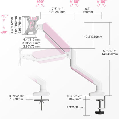 PHOLITEN Single Monitor Arm Fits 13-32 inch,4.4-19.8lbs Screen, Fully Adjustable Gas Spring Arm, Computer Monitor Stand with VESA 75 * 75mm/100 * 100mm Mount,White & Pink