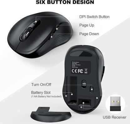 WisFox 2.4G Wireless Mouse for Laptop, Ergonomic Computer Mouse with USB Receiver and Type-C Adapter, 3 Adjustable Levels, 6 Button Cordless Wireless Mice for Windows Mac PC Notebook (Black)