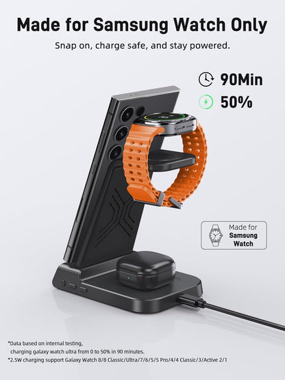 Wireless Charger for Samsung Charging Station, 3 in 1 Android Phone Charger for Samsung Galaxy S25 Ultra/S24 Ultra/S23/Z Fold7/Flip7, Galaxy Watch 8/8 Classic/Ultra/7/6/5, Galaxy Buds 3 Pro/3
