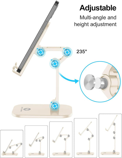 OCYCLONE Phone Stand, Adjustable Height and Angle Foldable Cell Phone Stand Holder for Desk, Taller iPhone Stand Compatible with 4.7"-13" Smartphones iPad Tablet, Beige