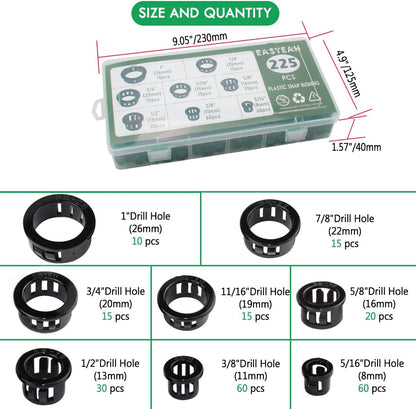 225 Pcs 8 Sizes Cable Snap-in Knockout Insulating Bushing Grommets Assortment Kit, 5/16, 3/8, 1/2, 5/8, 11/16, 3/4, 7/8, 1 Black Nylon Plastic Hole Grommets for Wiring, Cord Hose & Tubing