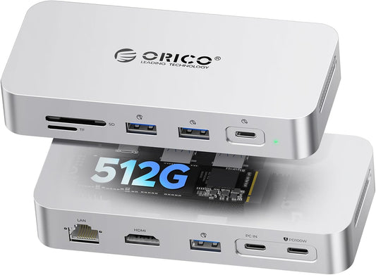 ORICO 512 GB External SSD Docking Station, SSD Expansion + Hub Extension, Up to1000MB/s, 10-in-1 USB C HUB with Internal SSD, Support 4K@60Hz HDMI Display, 100W PD, Ethernet, SD/TF, Mac Mini - SJ10