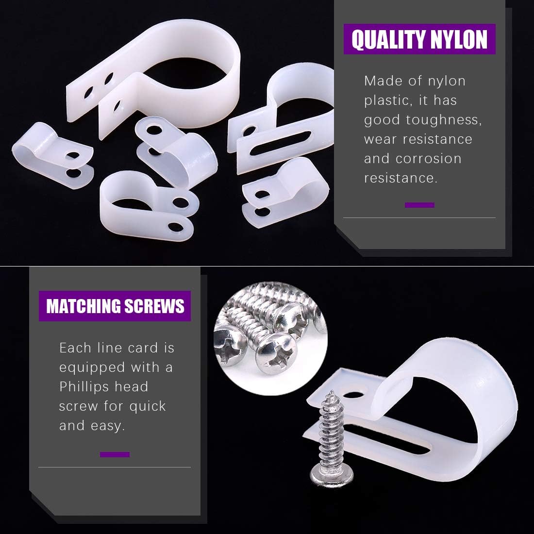 Swpeet 135 Pack 6 Sizes White Nylon Plastic R-Type Cable Clips Clamp Assortment Kit, 1/4" 5/16" 3/8" 1/2" 3/4" 1" Nylon Screw Mounting Cord Fastener Clips with 135 Pack Screws for Wire Management