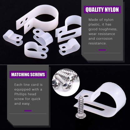 Swpeet 135 Pack 6 Sizes White Nylon Plastic R-Type Cable Clips Clamp Assortment Kit, 1/4" 5/16" 3/8" 1/2" 3/4" 1" Nylon Screw Mounting Cord Fastener Clips with 135 Pack Screws for Wire Management