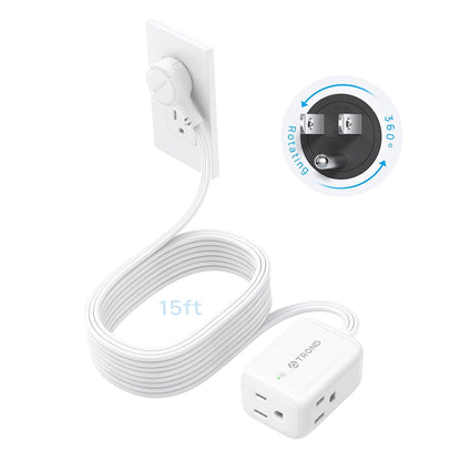 TROND 360° Rotating Flat Plug Extension Cord Surge Protector 15ft, Small Power Strip with 900 Joules, 3 Side Grounded Outlets, 13A, SPT 16/3 Gauge Wire, for Indoor Home Office Dorm Essentials, White