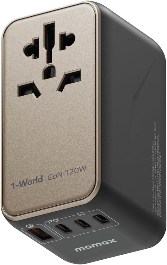 MOMAX Universal Travel Adapter, 170W GaN International Power Adapter, 2 USB-C 2 USB-A, Worldwide Travel Plug Adapter, International Power Adapter for Most Europe, USA, Japan, Australia (Type C/A/G/I)