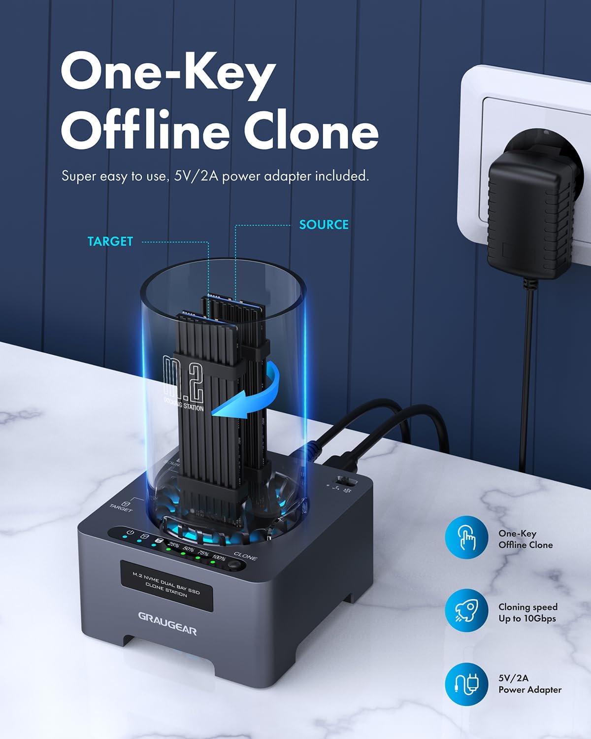 GRAUGEAR NVMe M.2 SSD Duplicator Dual-Bay Offline Clone Tool-Free, 20Gbps USB C to M.2 SSD Drive Cloner Docking Station Adapter Enclosure for M2 SSD Hard Drives M-Key