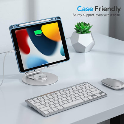 OMOTON Swivel Tablet Stand for iPad with 360 Rotating Base, Foldable Adjustable Holder for Drawing, Compatible with iPad Pro/Air/Mini and More, Silver