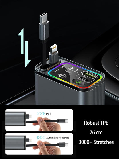 Retractable Car Charger USB C,107W Type C Car Charger Fast Charging with Dual Retractable Cable and USB Ports, Compatible with iPhone 16/15/14/13,S25/24/23/22, Pixel 9/8/7